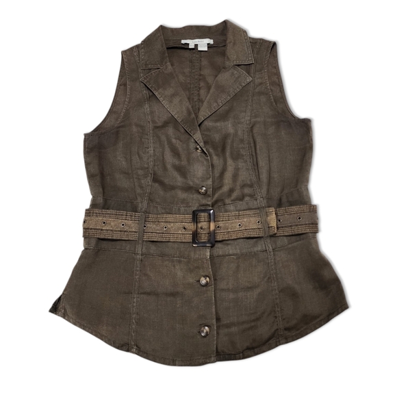 Zara Basic Women Vest Sz M Khaki Green Vintage Utility Style Belt, 100% Ramie - Picture 2 of 11